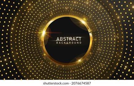 Luxury Elegant Background With Shiny Gold Circle Element And Dots Particles On Dark Black Metal Surface. Abstract Shiny Golden Frame With Space For Text. Business Presentation Layout. Vector EPS10.