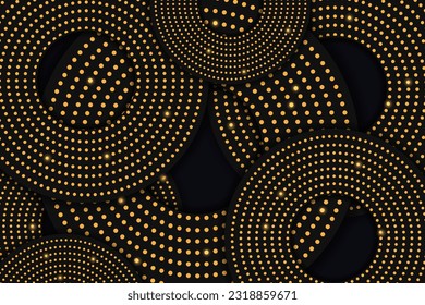 Luxury elegant background with shiny golden circle elements and dot particles on dark black metal surface. vector