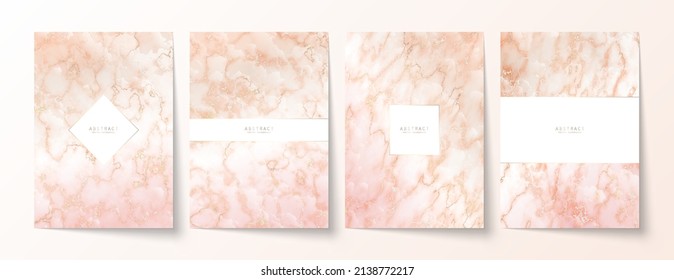 Luxury elegant backgrounds set. Pink marble texture with gold veins and glossy copy space with shiny borders. Modern premium templates in pastel colors for invitation, card or notebook cover