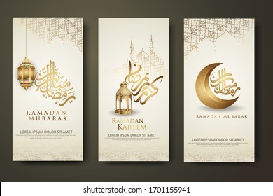 luxury and elegant banner set template, Ramadan Day with calligraphy islamic, crescent moon, traditional lantern and mosque pattern texture islamic background, .Vector illustration