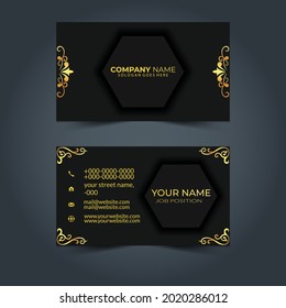 Luxury and elegant black gold business cards template on black background. Fashion brand identity. Vector illustration