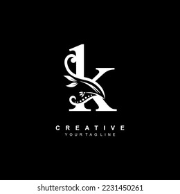 luxury elegant black letter K logo design with floral and leaf ornaments. monogram typography letter K. Feather logo flourish. logo boutique, hotel, restaurant. business, company, etc