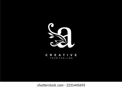 luxury elegant black letter A logo design with floral and leaf ornaments. monogram typography letter A. Feather logo flourish. logo boutique, hotel, restaurant. business, company, etc