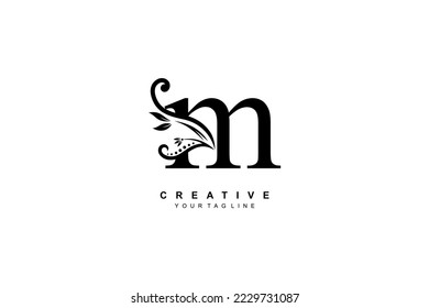 luxury elegant black letter M logo design with floral and leaf ornaments. monogram typography letter M. Feather logo flourish. logo boutique, hotel, restaurant. business, company, etc