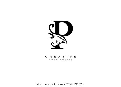 luxury elegant black letter P logo design with floral and leaf ornaments. initial P logo. monogram typography letter P. Feather logo flourish. logo boutique, hotel, restaurant. business, company, etc