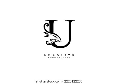 luxury elegant black letter U logo design with floral and leaf ornaments. initial U logo. monogram typography letter U. Feather logo flourish. logo boutique, hotel, restaurant. business, company, etc