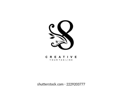 luxury elegant black number 8 logo design with floral and leaf ornaments. typographic monogram number 8. Feather flourish logo. suitable for anniversary, birthday, age, celebration