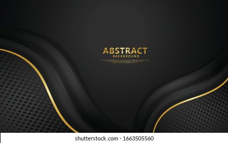 Luxury and elegant black overlap layers background with bright flow lines effect on textured dark background