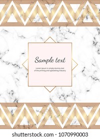 Luxury elegant card with geometric design, triangles and trendy gold lines on the marble texture. Vector illustration. Template for packaging, banner, flyer, invitation, party, print advertising
