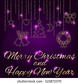 Luxury Elegant Christmas and New Year greeting card Template. Xmas design with Shining Gold decoration in outline style. Vector EPS 10.