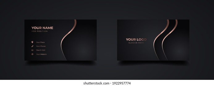 Luxury and elegant dark black business card design with gold wavy style minimalist print template. Two sided golden design.