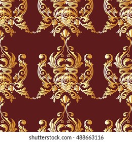 Luxury elegant dark red  baroque damask floral vector seamless pattern background wallpaper illustration with vintage gold  3d antique medieval flowers and ornaments.