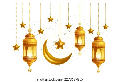 Luxuriöse und elegante Dekoration für Ramadan Kareem Feiern oder anderes Design. Goldener Halbmond, Laternen und Sterne hängen einzeln auf transparentem Hintergrund. Vektorgrafik 3D-realistische Illustration