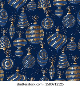 Luxury elegant deep classic blue Christmas balls. Vector seamless pattern for background, fabric, textile, wrap, surface, web and print design.
