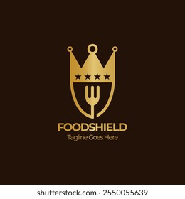 Luxury and elegant food shield logo template. Creative fork and crown vector illustration.