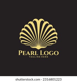 plantilla de logotipo de la cáscara de perla de color oro de lujo y elegante. Resumen de perlas o joyas de lujo y forma de concha aptas para la belleza y el cosmético