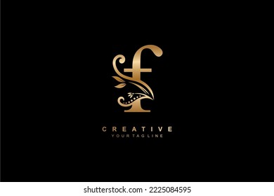 luxury elegant gold letter F logo design with floral and leaf ornaments. monogram typography letter F. Feather logo flourish. logo boutique, hotel, restaurant. business, company, etc