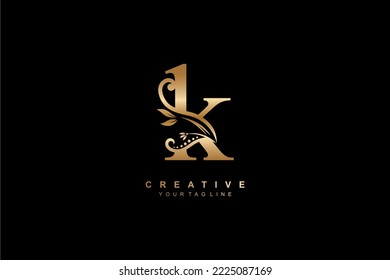 luxury elegant gold letter K logo design with floral and leaf ornaments. monogram typography letter K. Feather logo flourish. logo boutique, hotel, restaurant. business, company, etc
