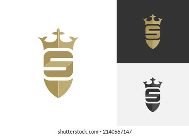 luxury elegant gold letter s shield with crown logo design