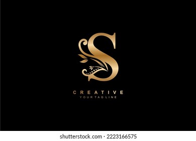 luxury elegant gold letter S logo design with floral and leaf ornaments. initial S logo. monogram typography letter S. Feather logo flourish. logo boutique, hotel, restaurant. business, company, etc