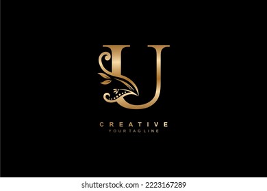 luxury elegant gold letter U logo design with floral and leaf ornaments. initial U logo. monogram typography letter U. Feather logo flourish. logo boutique, hotel, restaurant. business, company, etc