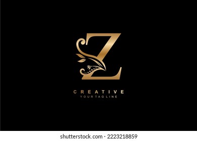 luxuriöses elegantes Gold-Buchstaben-Z-Logo-Design mit Blumen- und Blattverzierungen. anfängliches Z-Logo. Monogramm Typografie-Brief Z. Das Federn-Logo floriert. Logo Boutique, Hotel, Restaurant. Unternehmen, Unternehmen usw.