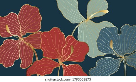 Luxury elegant gold orchids floral line arts pattern and black background. Topical flower wallpaper design, Fabric, surface design. Vector illustration.