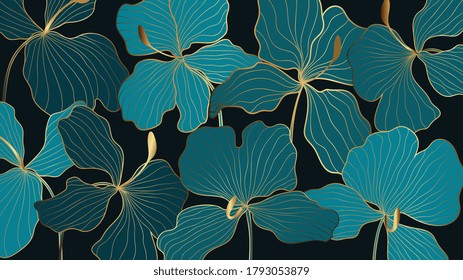 Luxury elegant gold orchids floral line arts pattern and black background. Topical flower wallpaper design, Fabric, surface design. Vector illustration.
