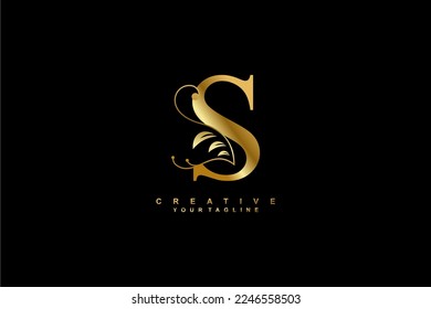 Luxury elegant gold S letter logo design with beautiful flourish ornament. monogram S. typography S. suitable for business logos, companies, brands, boutiques, hotels, etc