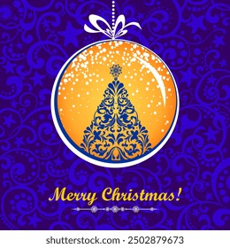 Luxury elegant gold xmas bauble on marine blue background for card, header, invitation, poster, social media, post publication.  Winter holidays. Happy New Year! Marry Christmas! Vector Illustration 