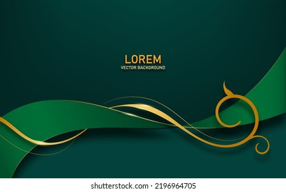 luxury elegant golden floral and wave curve shapes on green background
