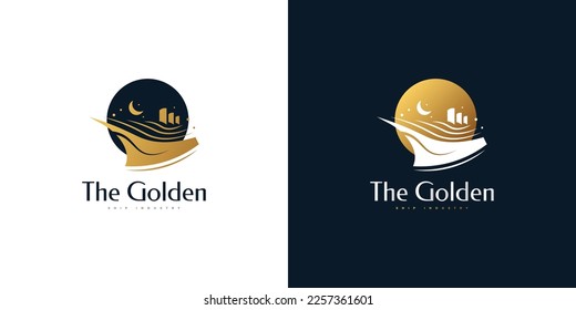 Luxury and Elegant Golden Ship Logo Design. Yacht or Cruise Logo for Travel or Tourism Company Industry Logo
