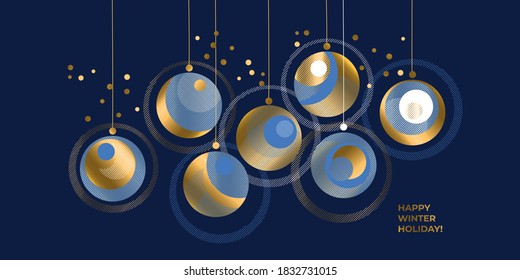 Luxury elegant golden xmas baubles on marine blue background for card, header, invitation, poster, social media, post publication. Geometric business style minimal horizontal card for winter holiday
