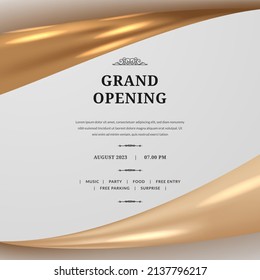 Luxury elegant grand opening poster template with frame golden shiny satin fabric element