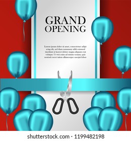 luxury elegant grand opening template with illustration of balloon and cutting blue ribbon