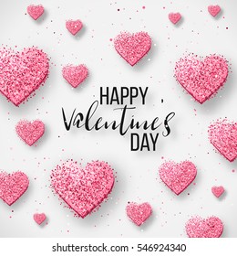 Luxury Elegant Happy valentine day festive sparkle layout template design. Glitter red hearts on gray background with frame, border. Lettering Valentine day card Illustration. Glitter Love confetti.