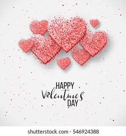 Luxury Elegant Happy valentine day festive sparkle layout template design. Glitter red hearts on gray background with frame, border. Lettering Valentine day card Illustration. Glitter Love confetti.