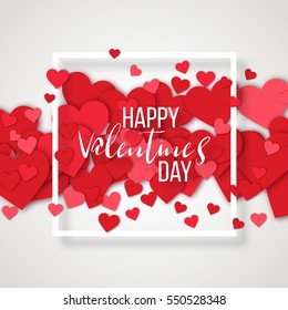 Luxury Elegant Happy valentine day festive sparkle layout template design. Red hearts on white background with frame. Lettering Valentines day card vector Illustration. Love confetti.