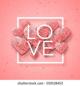 Luxury Elegant Happy valentine day festive sparkle layout template design. Glitter red heart on pink background with frame. Lettering Valentines day card vector Illustration. Glitter Love confetti.