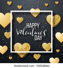 Luxury Elegant Happy valentine day festive sparkle layout template design. Glitter gold heart on black background with frame. Lettering Valentines day card vector Illustration. Glitter Love confetti.