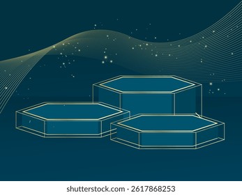 Luxury elegant Hexagon podium with gold Dynamic Flowing Wavy Linesand light ray effect for product display vector illustration concept. Scene for products stage showcase, promotion, presentation.
