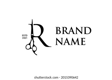 Luxury and Elegant illustration logo design Initial R Scissors for Barbershop and Salon. Logo can work as well in a small size and black white color.