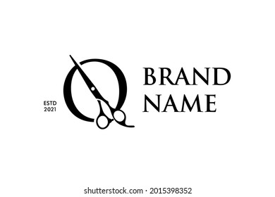 Luxury and Elegant illustration logo design Initial Q Scissors for Barbershop and Salon. Logo can work as well in a small size and black white color.