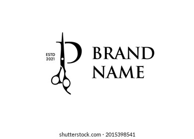 Luxury and Elegant illustration logo design Initial P Scissors for Barbershop and Salon. Logo can work as well in a small size and black white color.