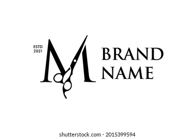 Luxury and Elegant illustration logo design Initial M Scissors for Barbershop and Salon. Logo can work as well in a small size and black white color.