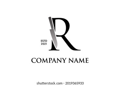 Luxury and Elegant illustration logo design Initial R combining with cooking knife. Logo can work as well in a small size and black white color.