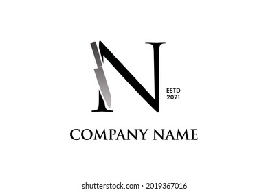 Luxury and Elegant illustration logo design Initial N combining with cooking knife. Logo can work as well in a small size and black white color.