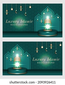 Luxus und eleganter islamischer Hintergrund mit Mandala und Laternendekor. Eid Mubarak und Ramadan kareem islamisches Grußdesign mit arabischer Kalligrafie und glänzender Laternengrafik