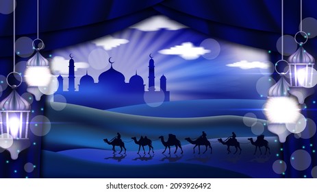 Luxus und eleganter islamischer Hintergrund mit Mandala und Laternendekor. Eid Mubarak und Ramadan kareem islamisches Grußdesign mit arabischer Kalligrafie und glänzender Laternengrafik