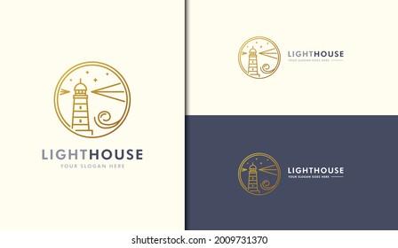 Luxury or elegant lighthouse logo with line art style in gold gradient